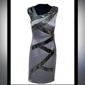Signature by Sangria Dress Sequins Gunmetal Satin Side Zip WM SZ 10 Elegant ✨✨